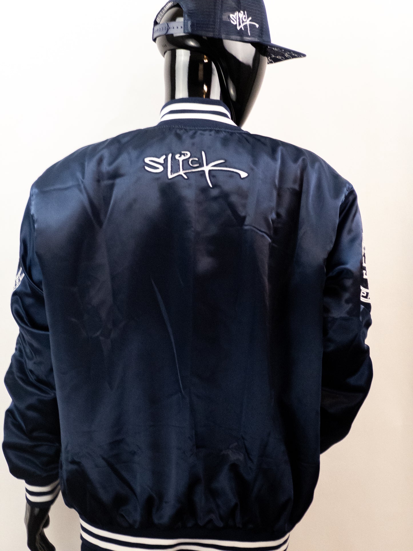 100% Satin Navy Blue and White Baseball Jacket