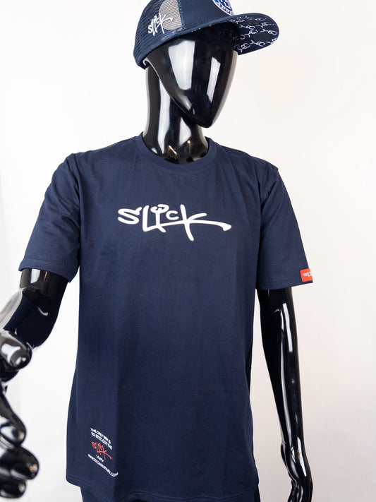 Slick Series Navy Blue and White "Slick" 100% Cotton T-Shirt