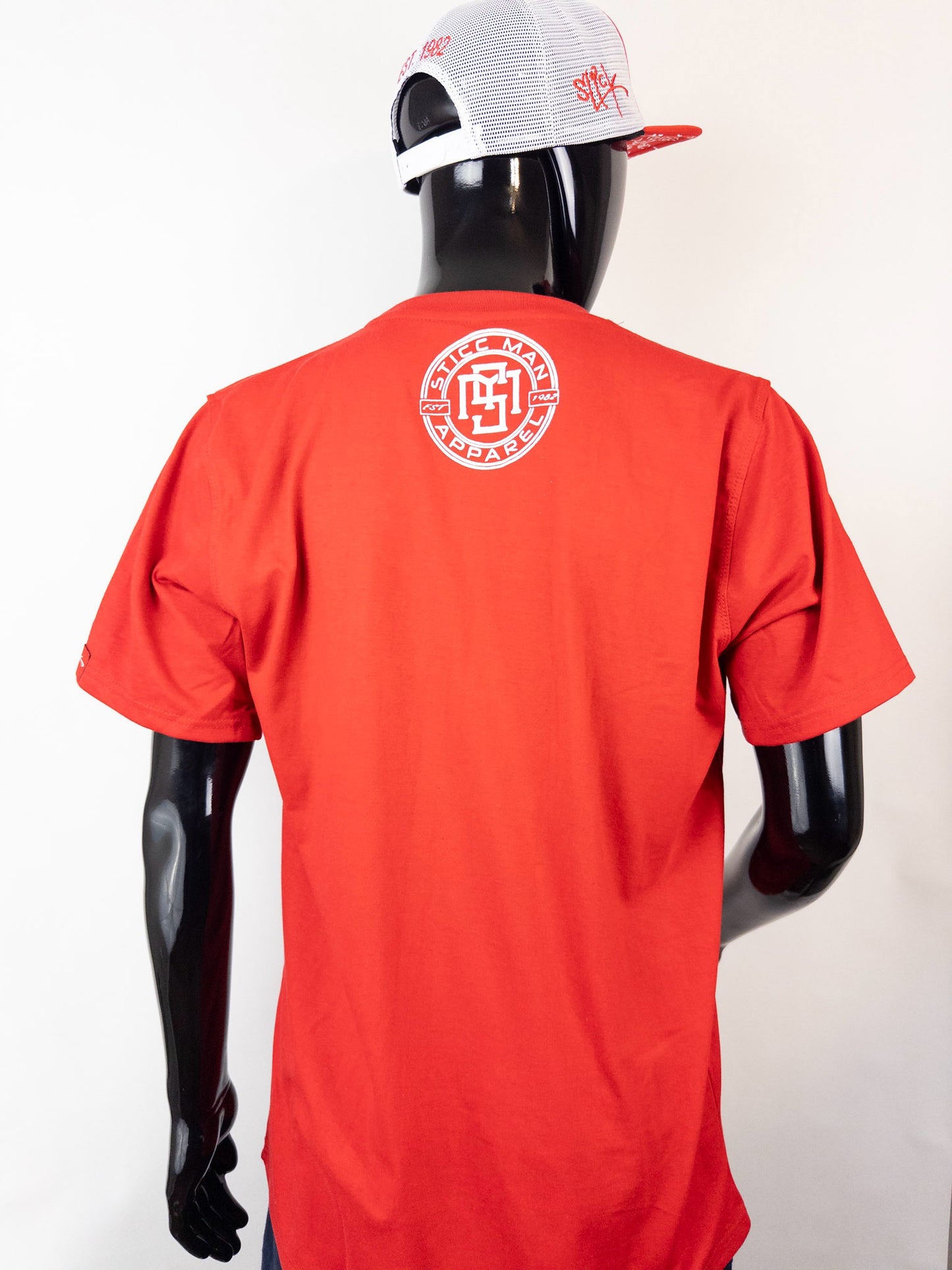 Red and White Cursive Sticc Man T-shirt