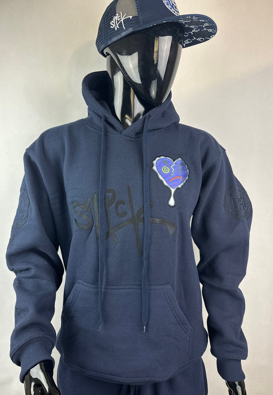 Navy Blue and Black 100% Cotton Slick Vintage Heart Hoodie