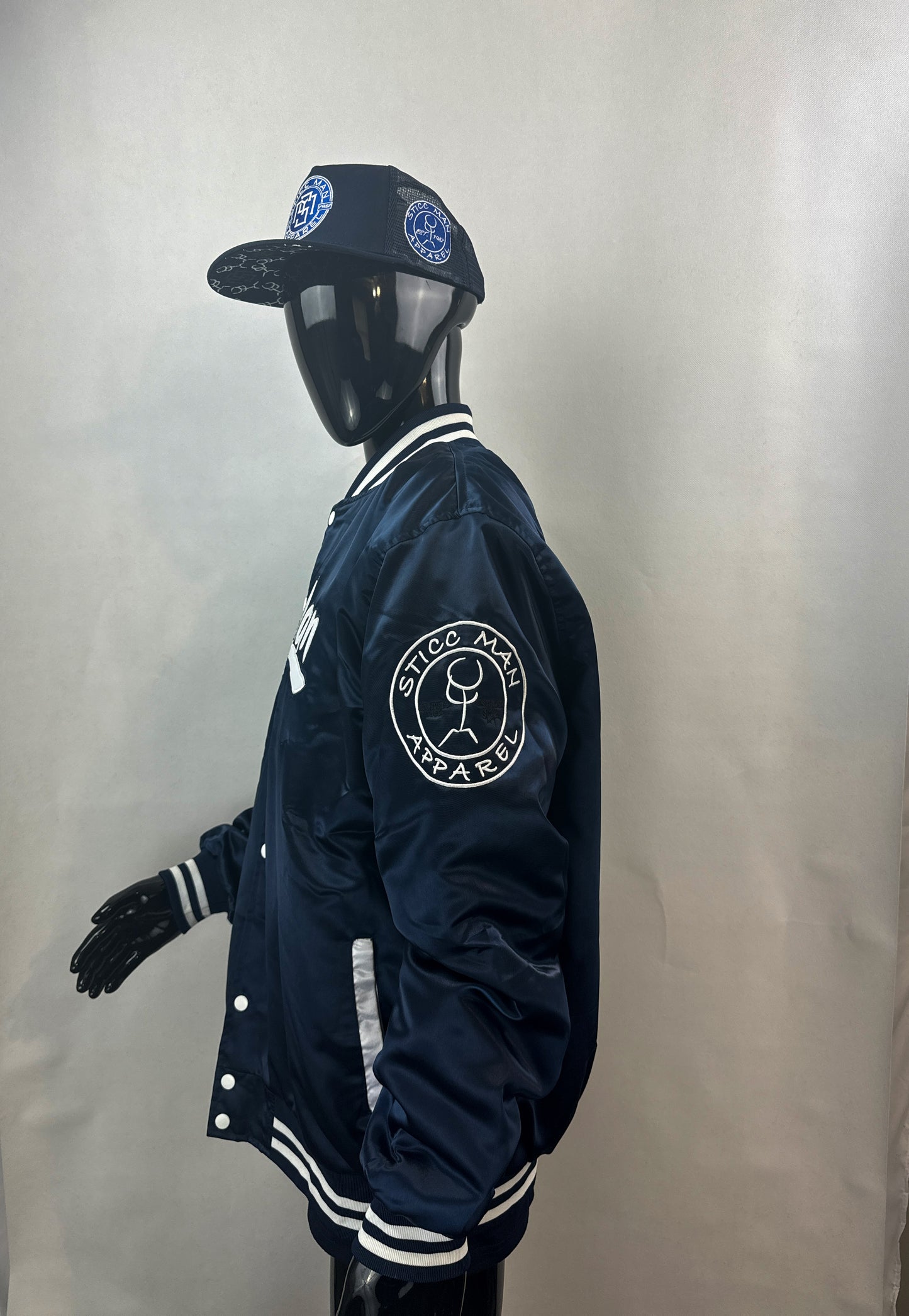 100% Satin Navy Blue and White Baseball Jacket