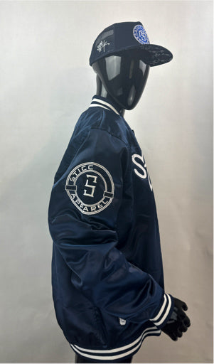 100% Satin Navy Blue and White Baseball Jacket