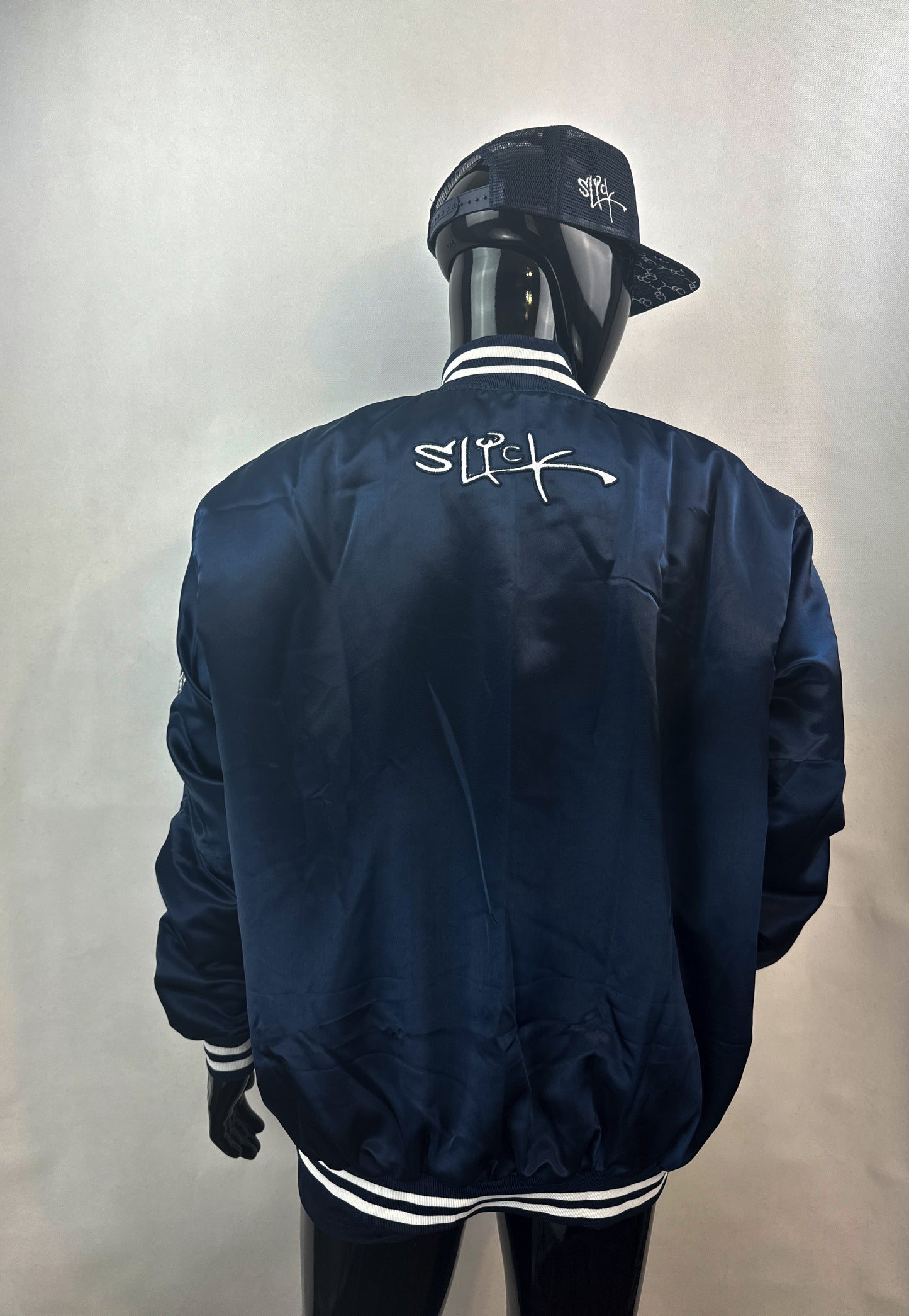 100% Satin Navy Blue and White Baseball Jacket