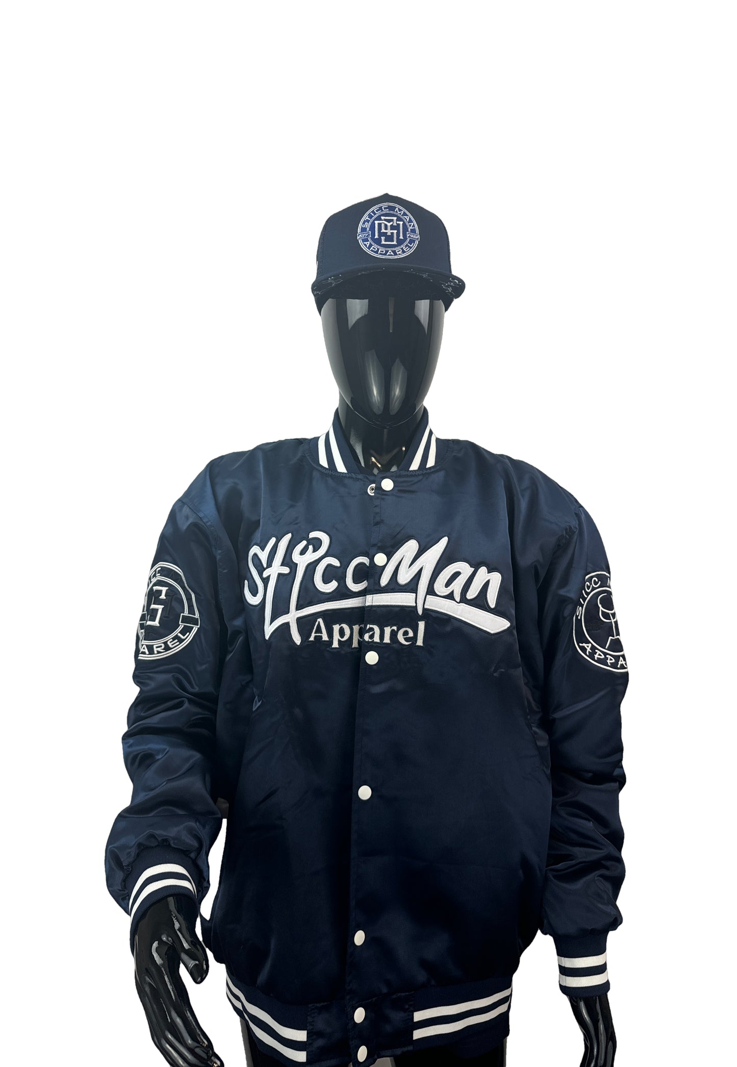 100% Satin Navy Blue and White Baseball Jacket