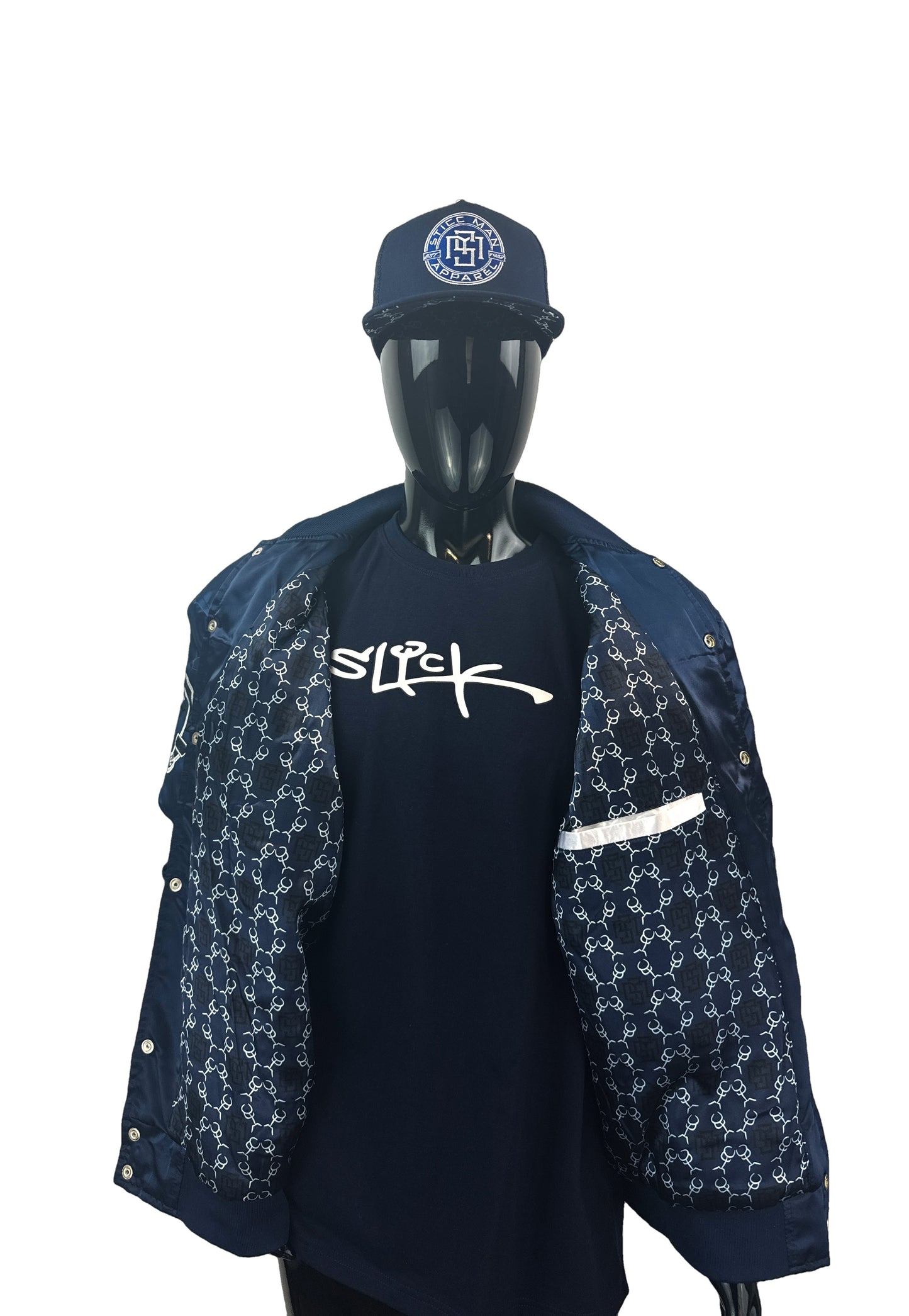 100% Satin Navy Blue and White Baseball Jacket