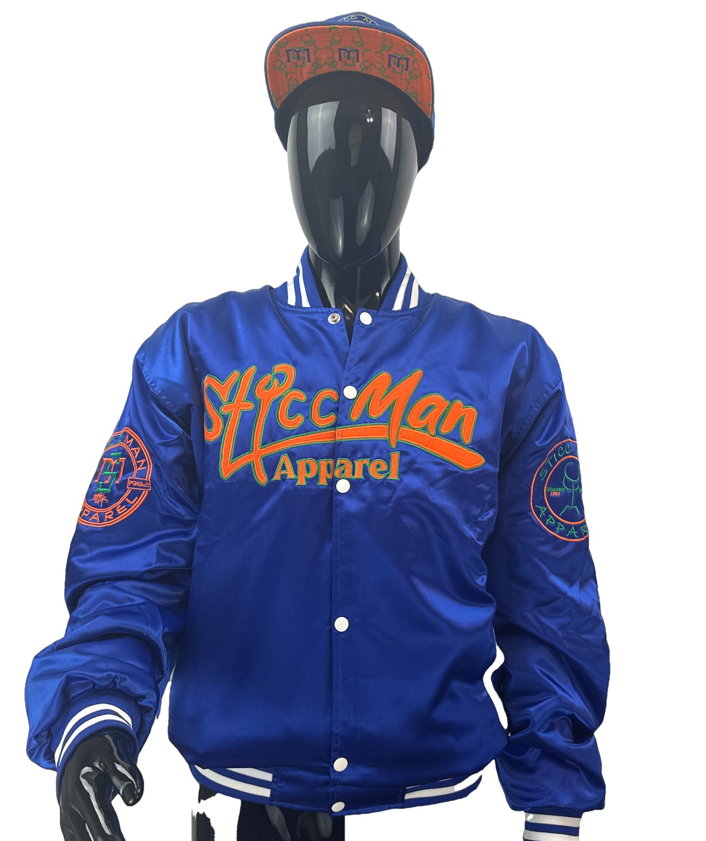 Royal Blue, Orange, and Green 100% Satin Baseball Jacket.