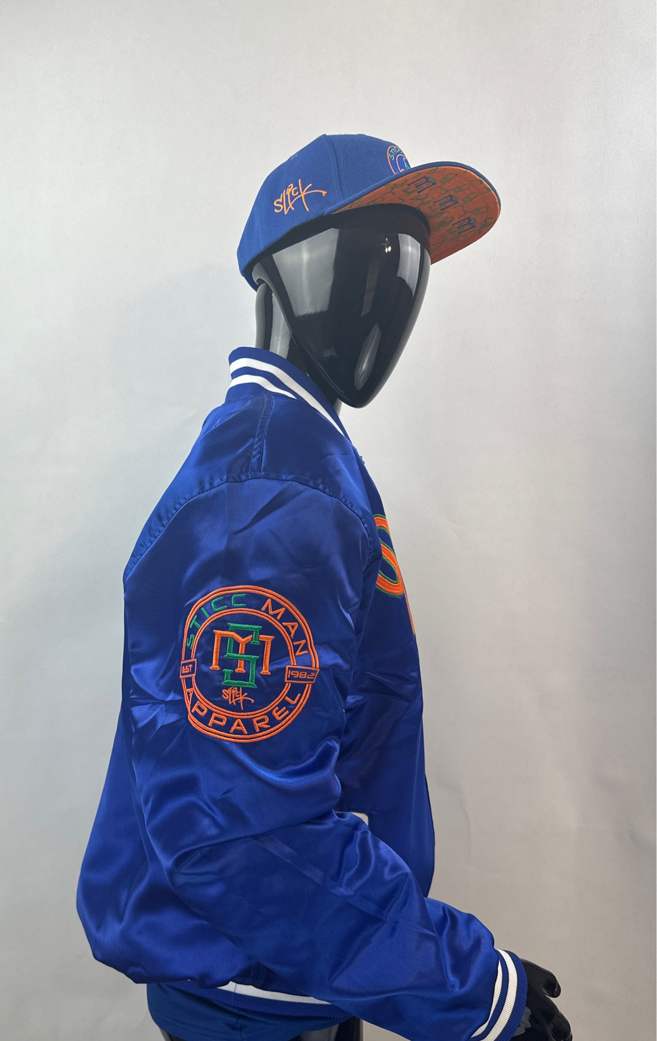 Royal Blue, Orange, and Green 100% Satin Baseball Jacket.