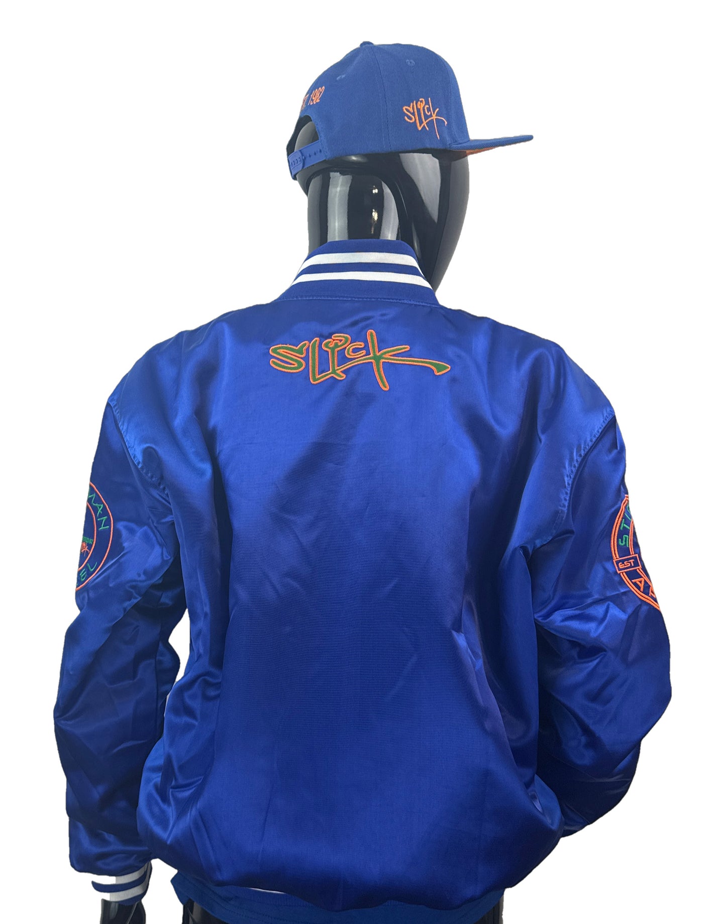 Royal Blue, Orange, and Green 100% Satin Baseball Jacket.