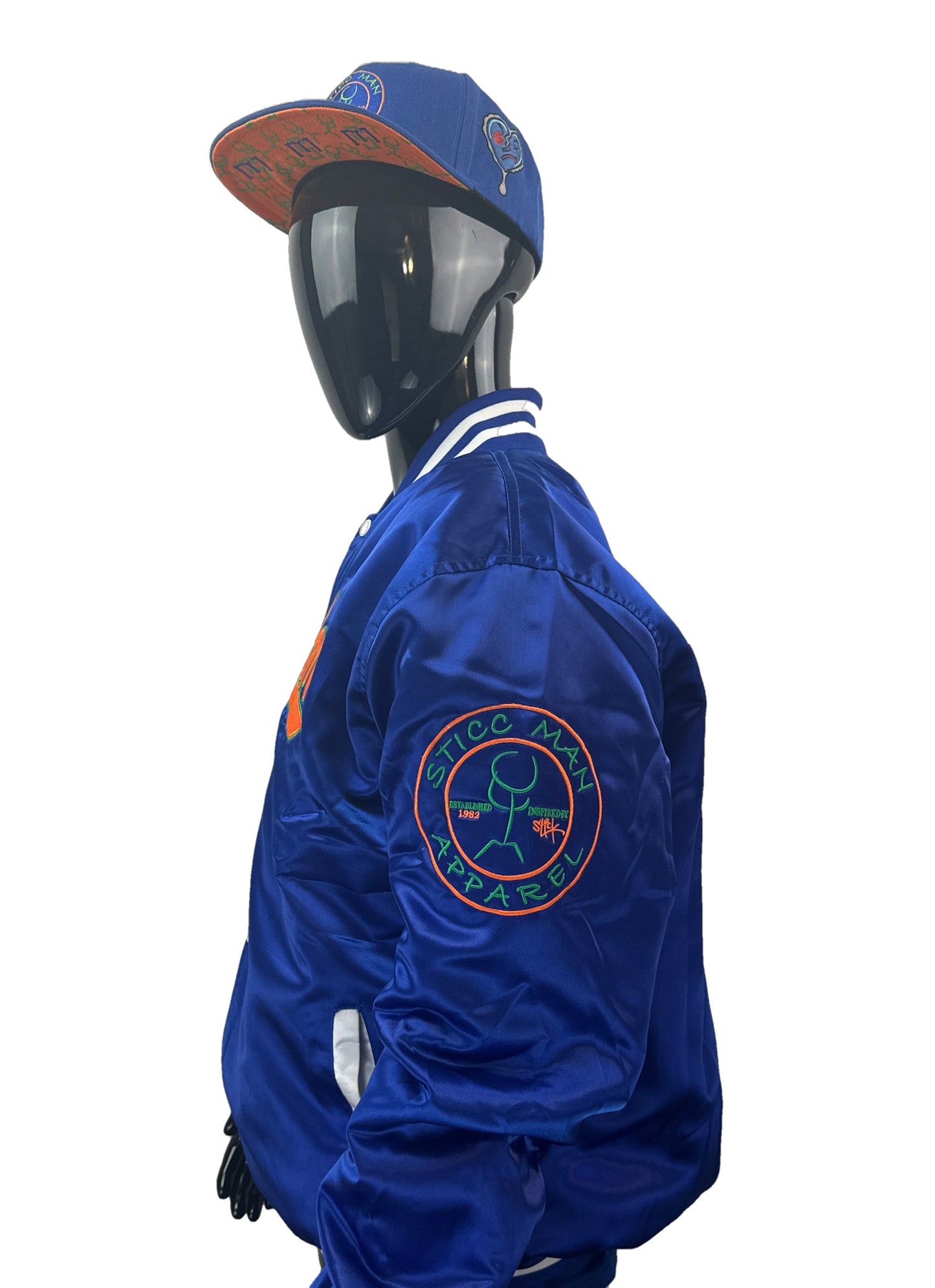 Royal Blue, Orange, and Green 100% Satin Baseball Jacket.