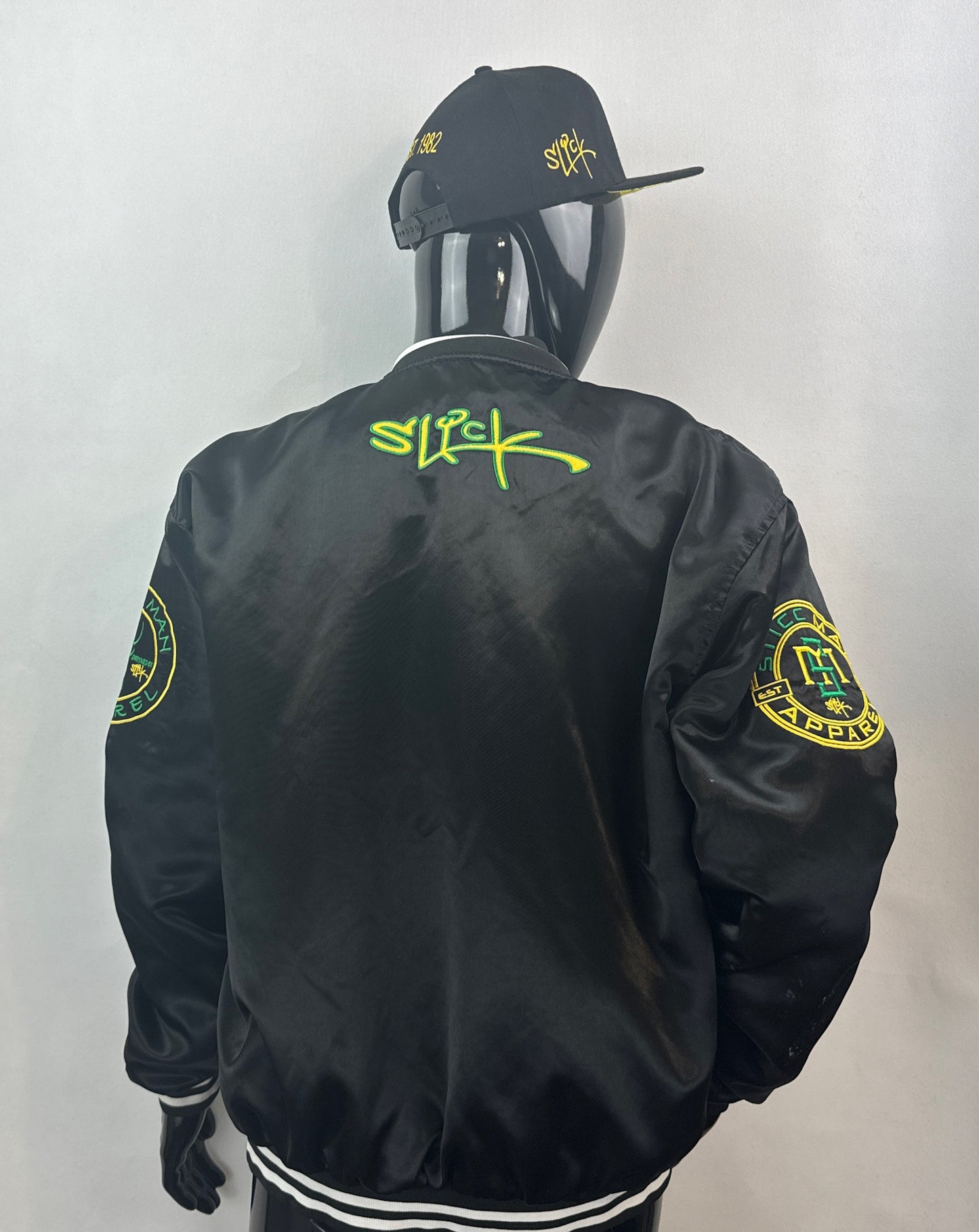 Black, Yellow, and Green 100% Satin Baseball Jacket